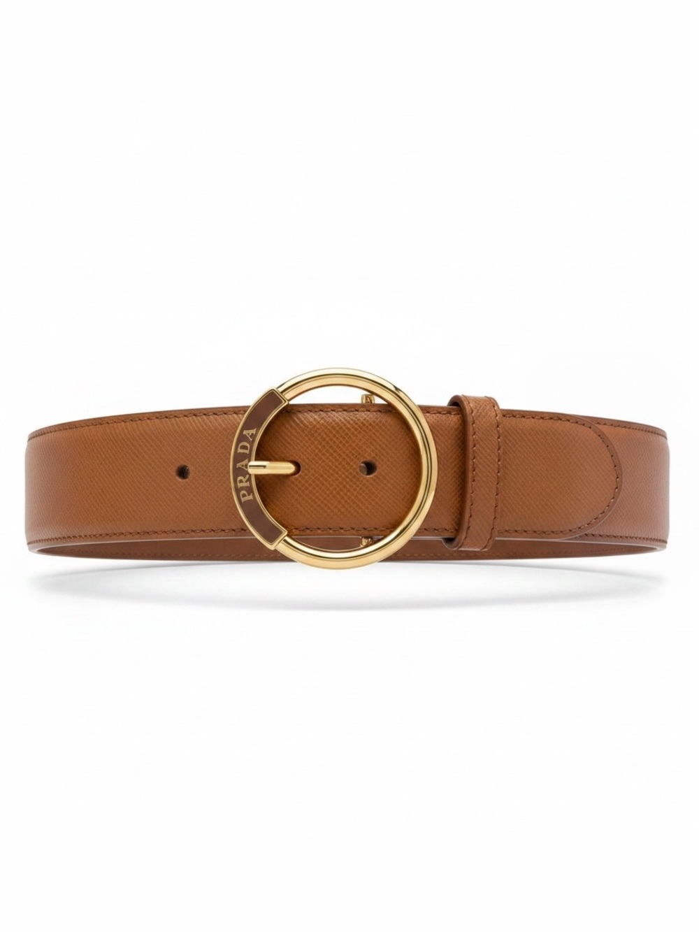 Prada Tan Saffiano Leather Belt with Gold Round Logo Buckle